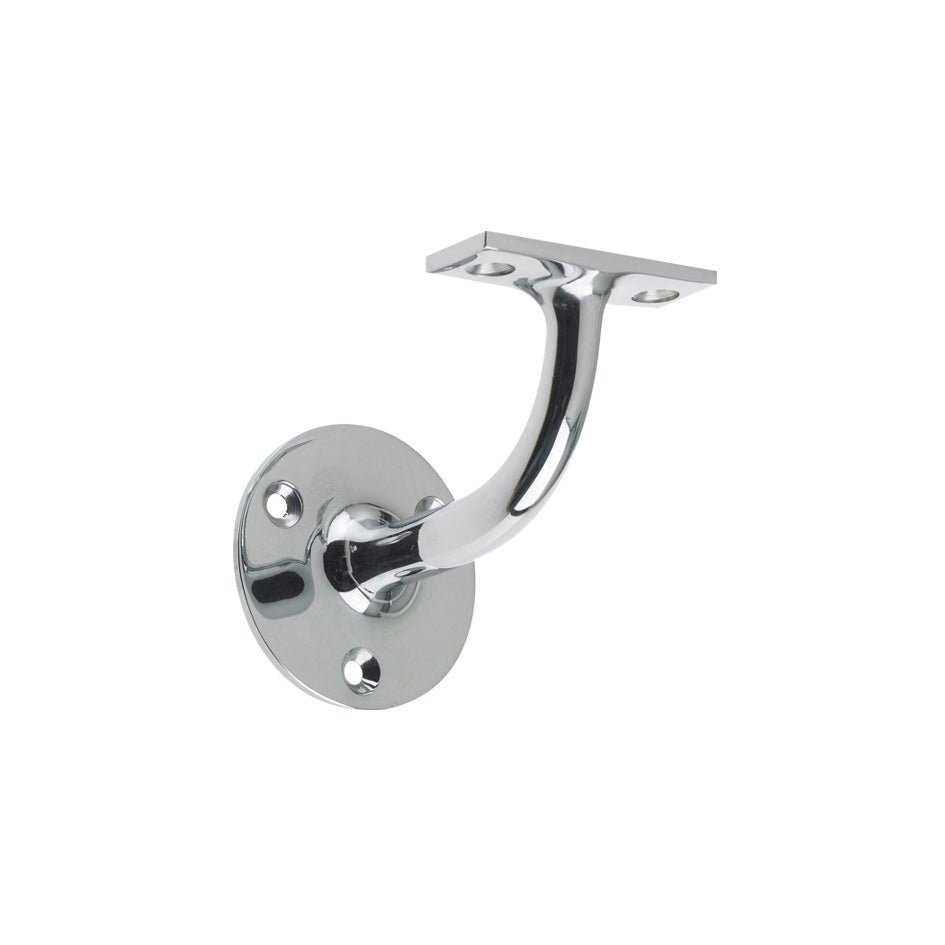 Zoo Hardware Handrail Bracket (Heavyweight) in chrome finish, featuring a rounded wall plate with three screw holes and a curved arm for support, designed for securing handrails.