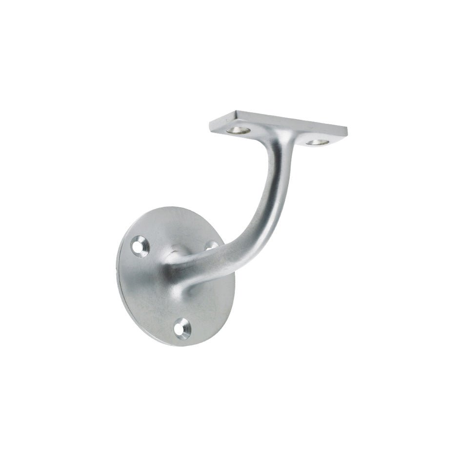 Zoo Hardware Handrail Bracket (Heavyweight) in a silver finish, featuring a curved arm and a circular backplate with four mounting holes for secure installation.