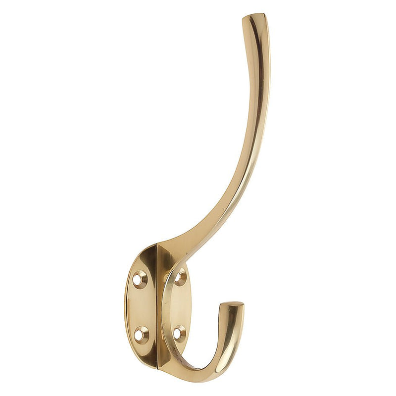 Zoo Hardware Hat and Coat Hook in a gold finish, measuring 5 inches in height and 2 inches in projection, featuring a simple curved design with a dual hook structure for hanging.