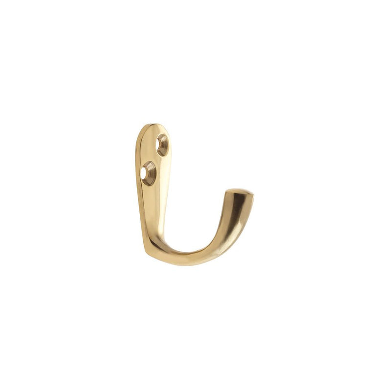 Zoo Hardware Single Robe Hook in polished brass finish, featuring a curved hook design and two mounting holes for easy installation.