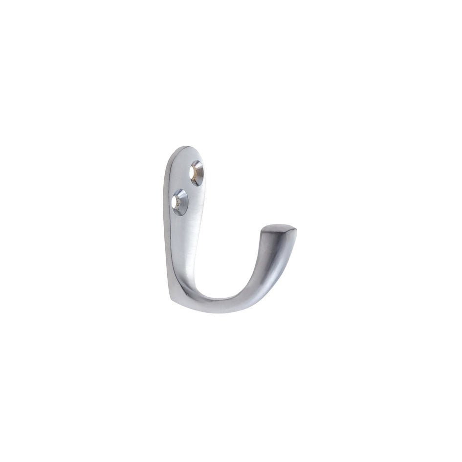Zoo Hardware Single Robe Hook in brushed stainless steel, featuring a simple design with a curved hook and two mounting holes for secure installation.