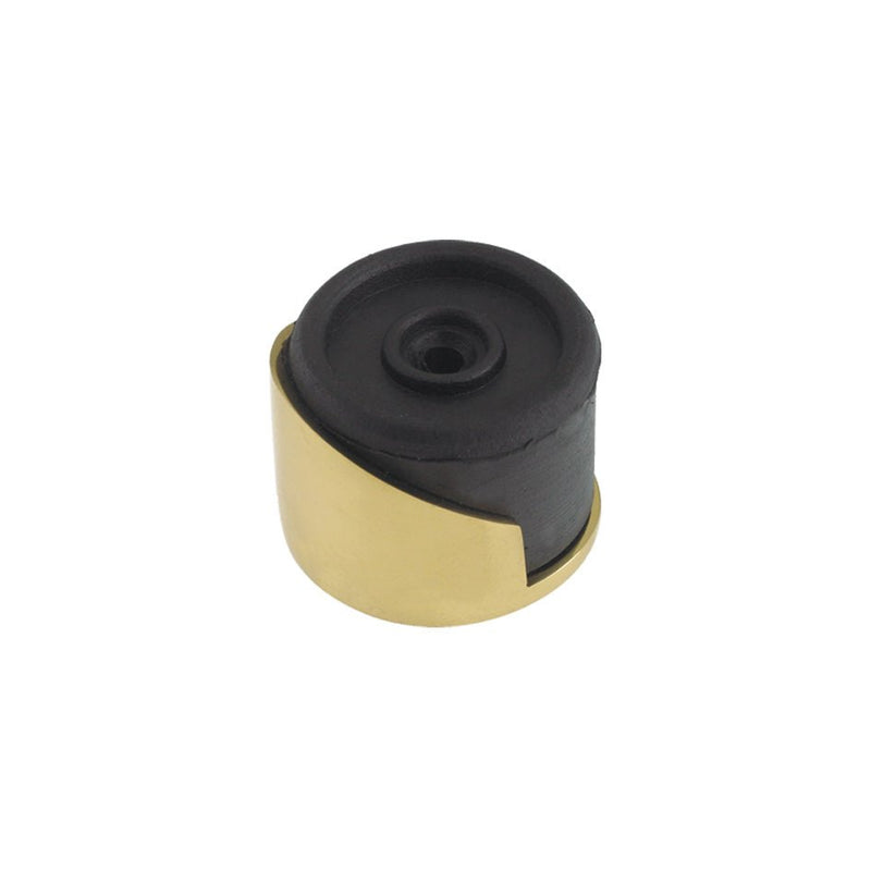 Zoo Hardware Round Floor Mounted Door Stop featuring a round black rubber body with a gold metal cap, designed for stability and to prevent door damage.