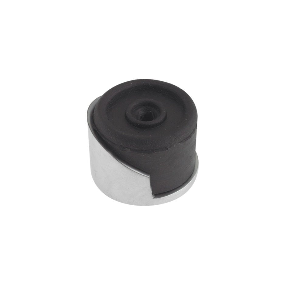Zoo Hardware Round Floor Mounted Door Stop featuring a round black rubber base with a metallic silver border. The door stop is designed for durable floor protection and stability.