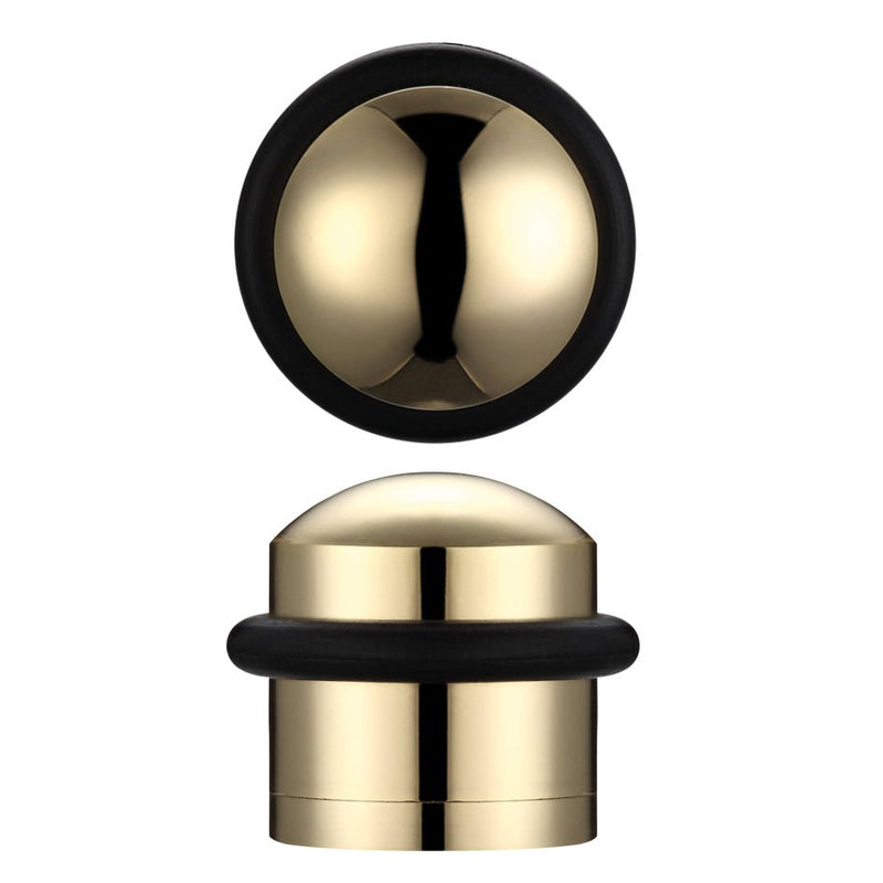 Zoo Hardware Domed Floor Mounted Door Stop with a 31mm diameter and 35mm projection, featuring a metallic gold finish and a black rubber base for added grip.