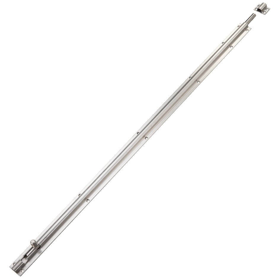 Zoo Hardware Barrel Bolt in a 900x40mm size, constructed of stainless steel, complete with keeps and screws included for installation.