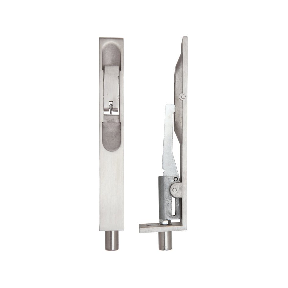 Zoo Hardware Lever Action Flush Bolt measuring 20 x 150mm, featuring a stainless steel finish with a sleek design, shown from two angles to highlight its mechanism and construction.