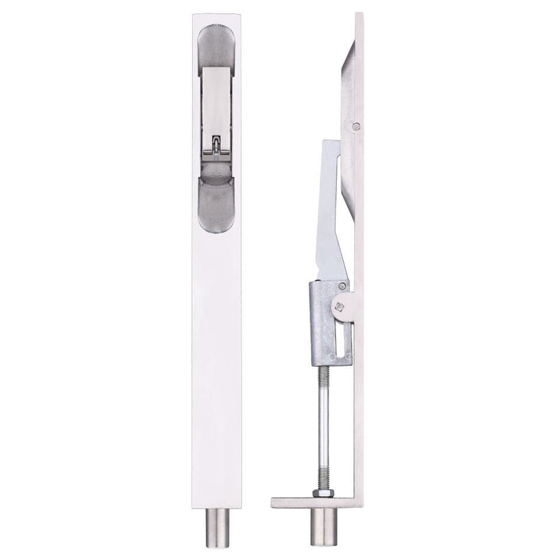 Zoo Hardware Lever Action Flush Bolt measuring 20 x 200mm in a metal finish, featuring a streamlined design with an integrated bolt mechanism for securing doors.