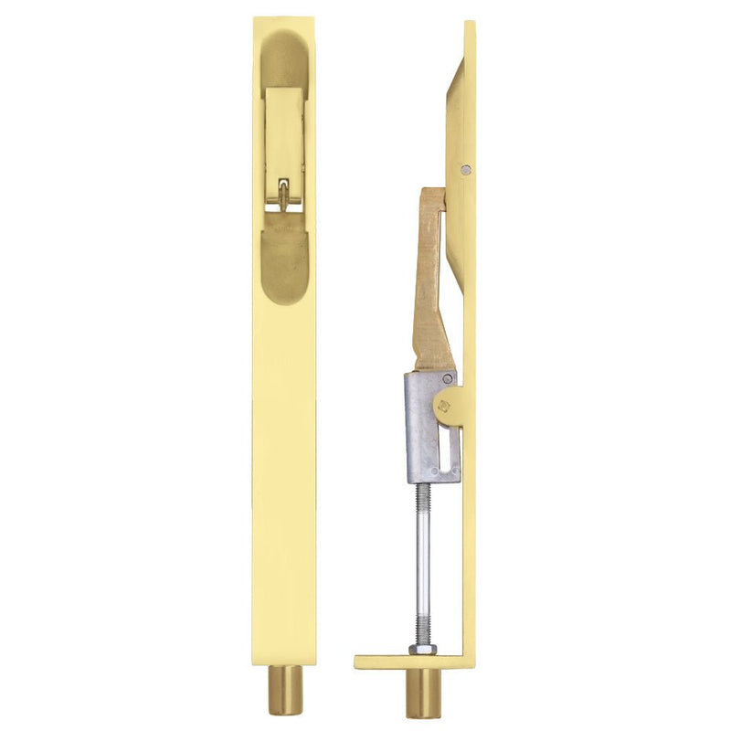 Zoo Hardware Lever Action Flush Bolt in yellow color, measuring 20 x 200mm, showcasing a slim rectangular profile with a mechanical lever mechanism.