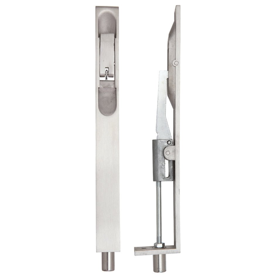 Zoo Hardware Lever Action Flush Bolt measuring 20 x 200mm, made of stainless steel, featuring a slim design with a lever mechanism for secure door operation.