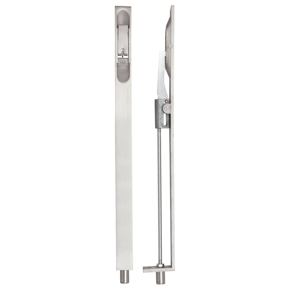 Zoo Hardware Lever Action Flush Bolt in a sleek stainless steel finish, measuring 20mm x 305mm, designed for secure door closure with a simple lever mechanism and a durable construction.