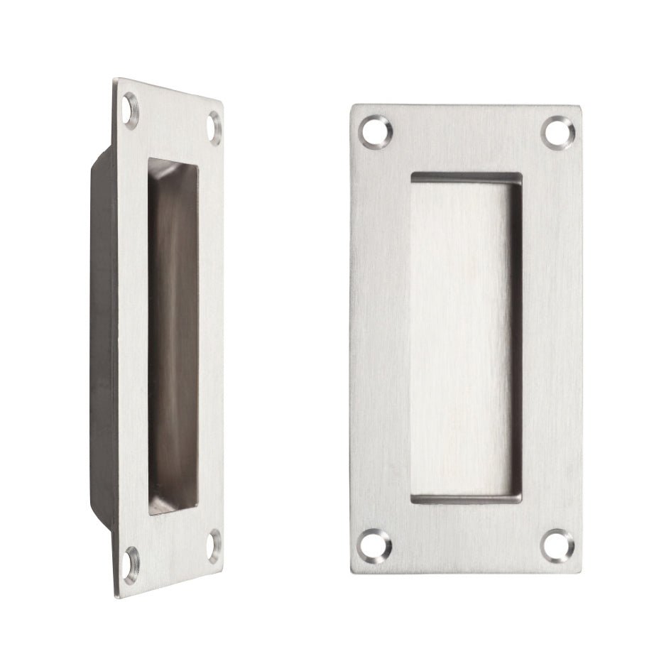 Zoo Hardware Flush Pull in stainless steel, measuring 100mm x 50mm, features a rectangular design with rounded edges and four mounting holes.