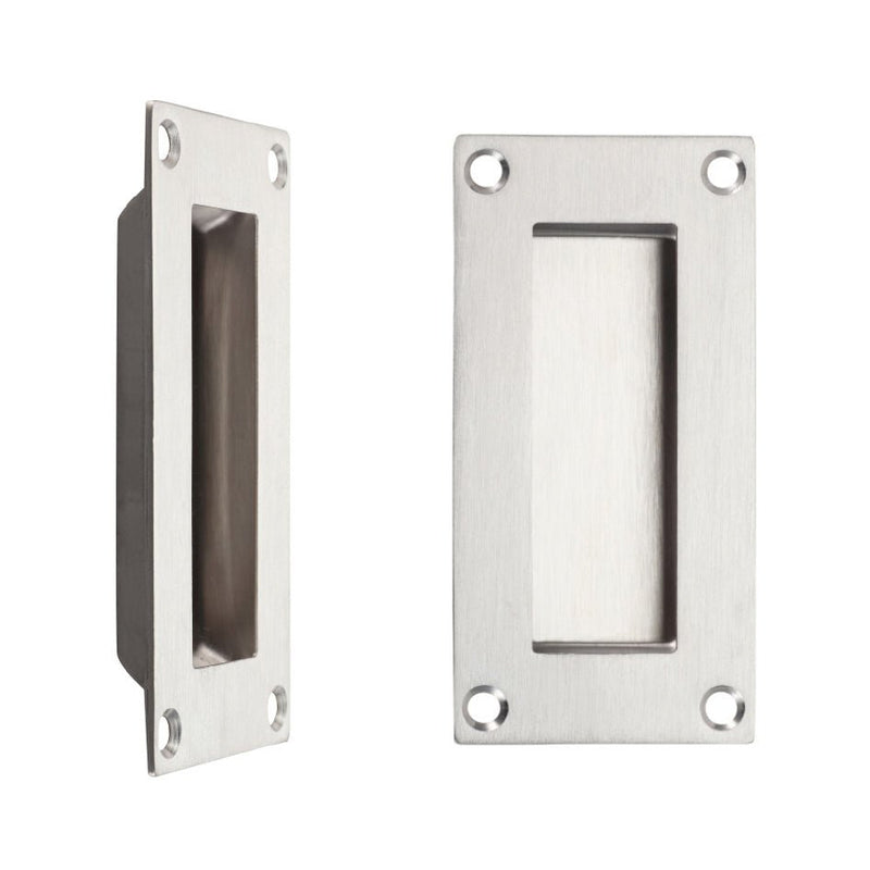 Zoo Hardware Flush Pull in stainless steel, measuring 100mm x 50mm, features a rectangular design with rounded edges and four mounting holes.