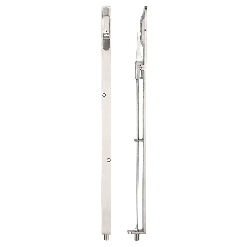 Zoo Hardware Lever Action Flush Bolt measuring 20 x 457mm, featuring a sleek stainless steel construction with a lever mechanism for secure functionality. This product is shown in a vertical position for clear visibility.