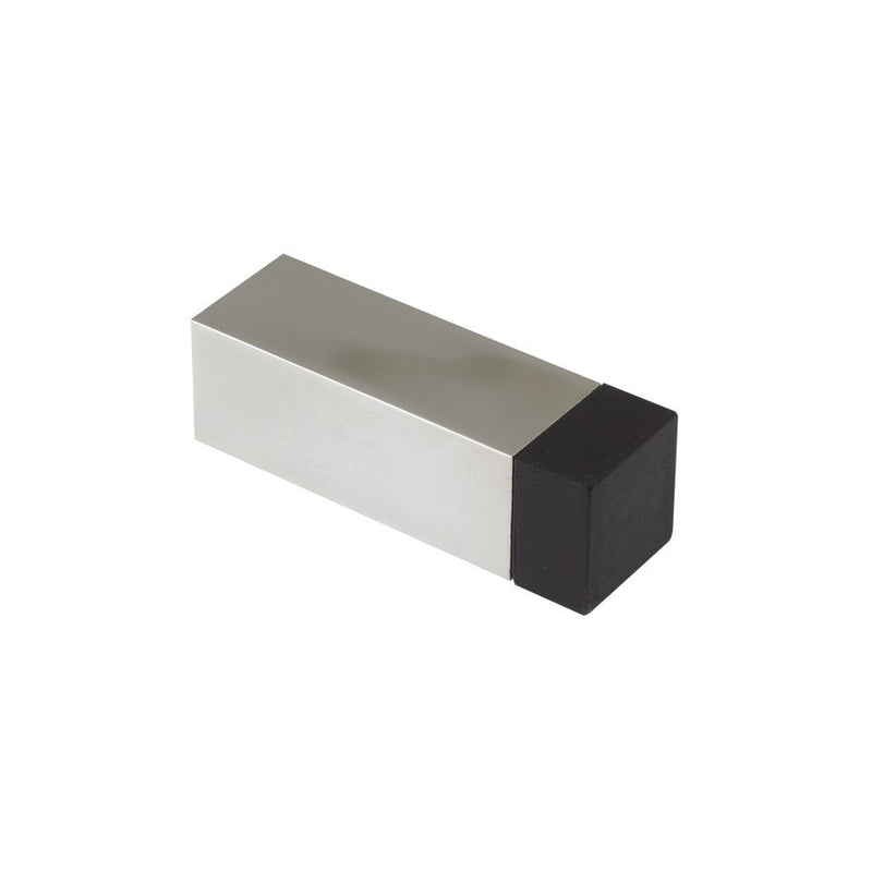 Zoo Hardware Square Door Stop 65mm with a stainless steel body and black rubber end, designed for securely holding doors open in various settings.