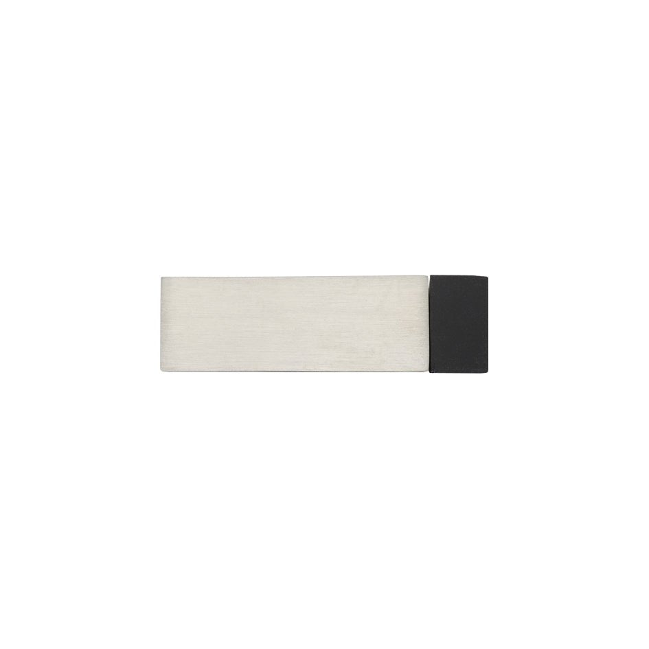 Zoo Hardware Square Door Stop 65mm in polished stainless steel with a rubber tip for floor protection, featuring a sleek rectangular design.