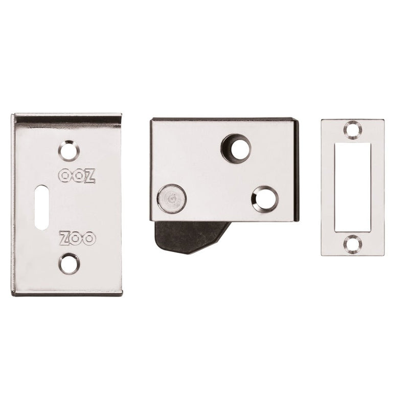 Zoo Hardware Hush Latch measuring 65mm x 40mm, featuring a polished chrome finish, consists of a main latch mechanism and two accompanying plates for installation.