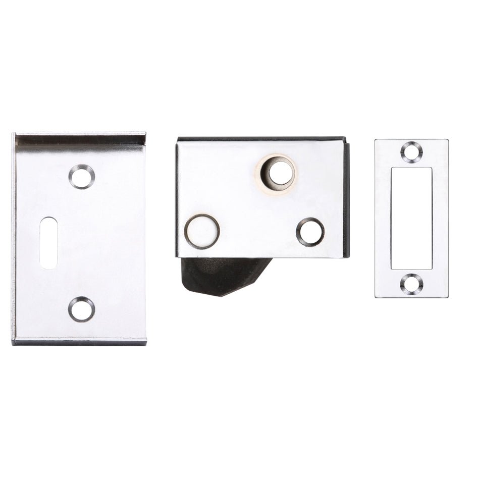Zoo Hardware Hush Latch measuring 65mm x 40mm, featuring a compact design with a shiny chrome finish, includes two plates for installation and a latch mechanism for secure door closure.
