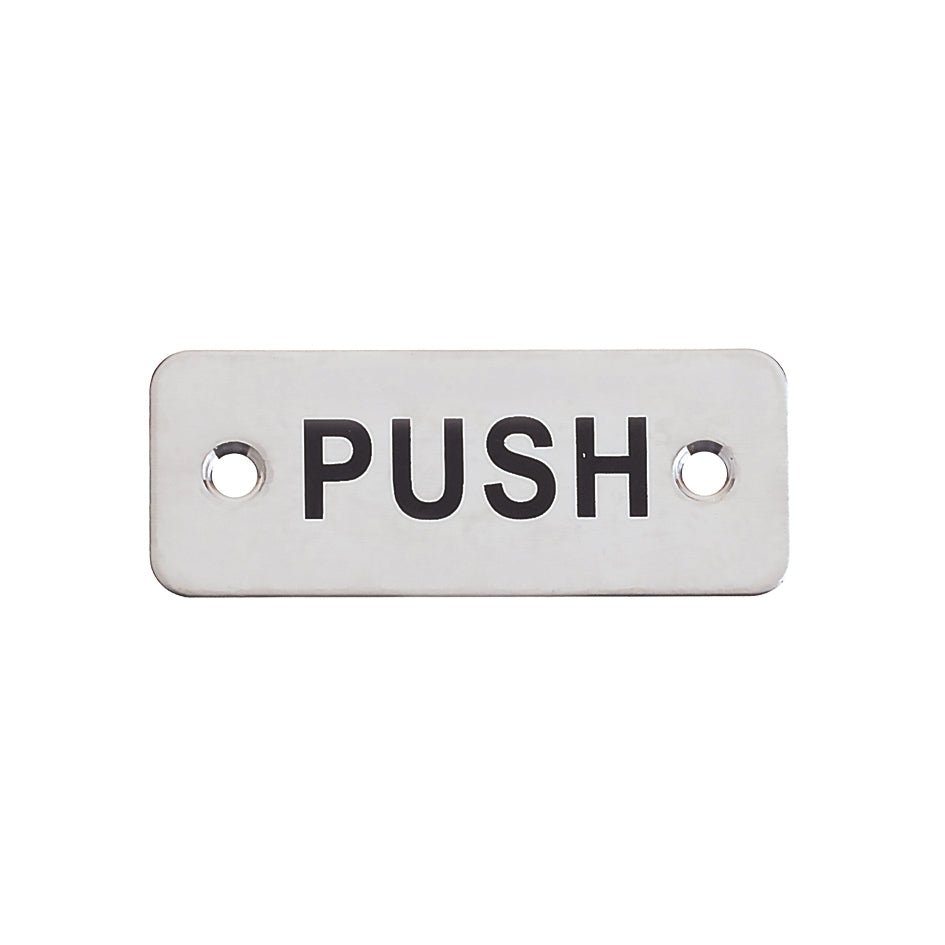 Zoo Hardware Rectangular Push Sign measuring 75 x 30mm, made of metal with a silver finish. The sign features the word "PUSH" in bold black letters and includes two holes for easy mounting.