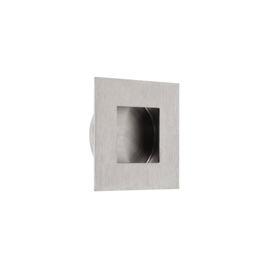 Zoo Hardware Square Flush Pull with a brushed stainless steel finish, featuring a square design and a recess for gripping. The pull is mounted flush with the surface for a seamless look.