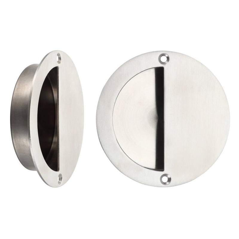 Zoo Hardware Half Moon Flush Pull with a diameter of 90mm, featuring a brushed stainless steel finish and an oval shape, designed for smooth door access.