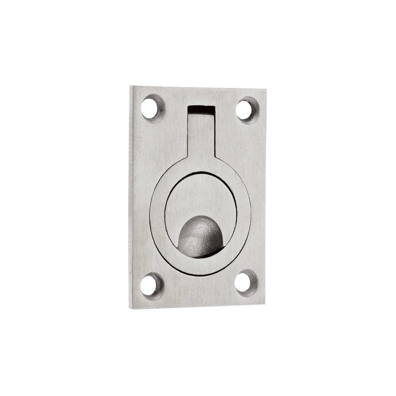 Zoo Hardware Flush Ring Pull in brushed stainless steel with a circular design and a flush mounting plate, featuring a rounded pull mechanism and four screw holes for installation.