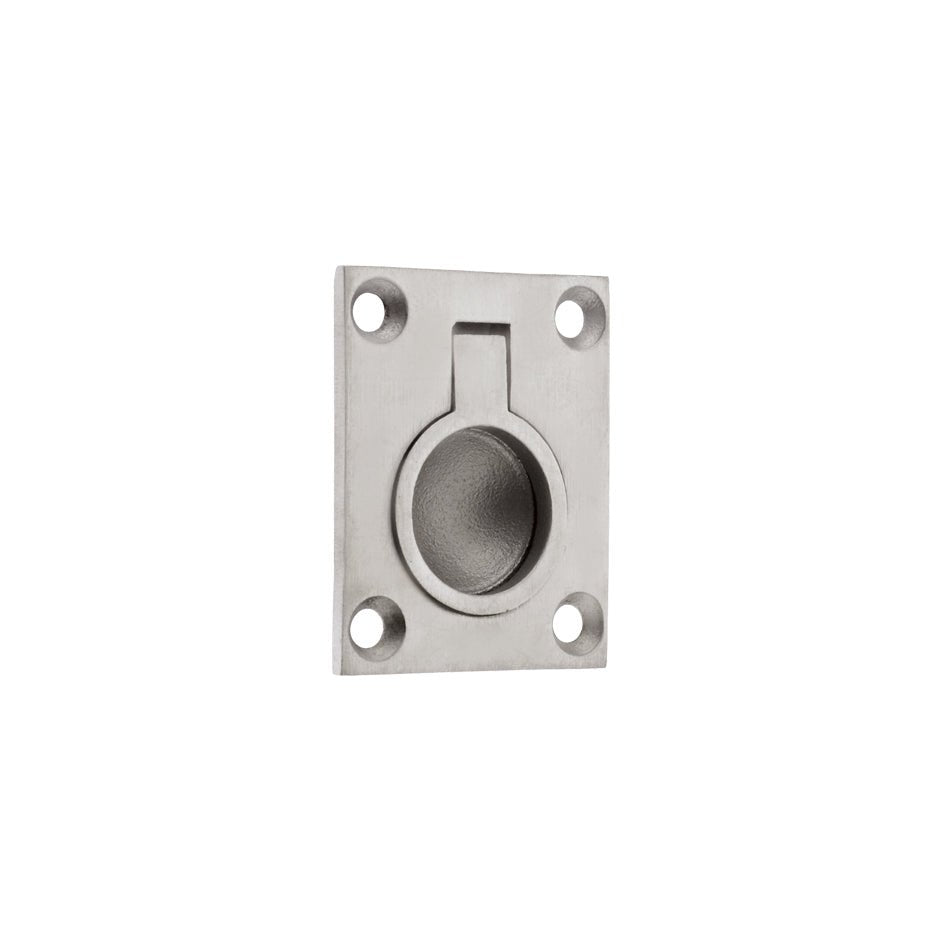 Zoo Hardware Flush Ring Pull in a brushed stainless steel finish, featuring a round recessed pull design and a rectangular backplate with four mounting holes.
