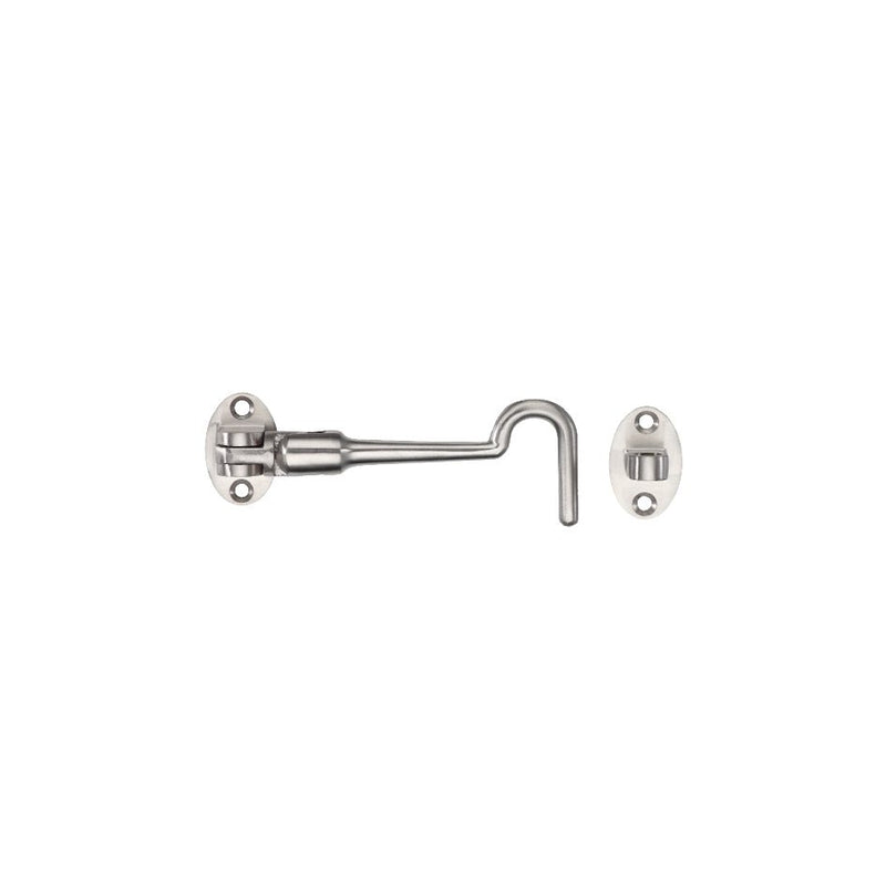 Zoo Hardware Cabin Hook - SS304 in stainless steel, featuring a curved hook design and two mounting plates for secure installation on doors or gates.