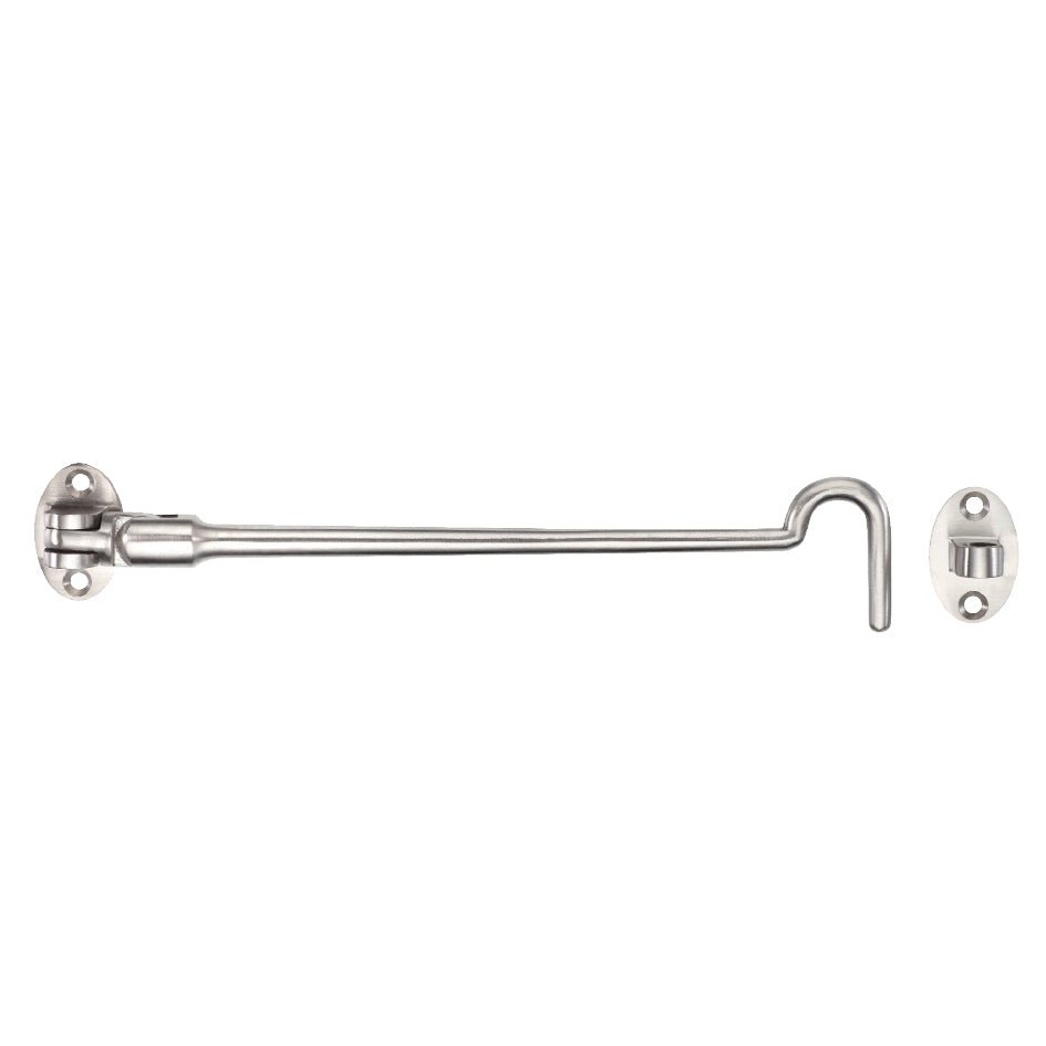 Zoo Hardware Cabin Hook - SS304 in a polished stainless steel finish, featuring a long hook design and mounting plates on either end for secure installation.