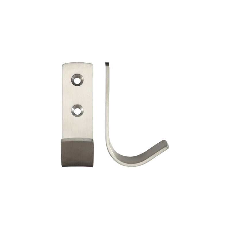Zoo Hardware Single Coat Hook in stainless steel with a smooth finish, featuring a rectangular backplate with two mounting holes and a curved hook design.