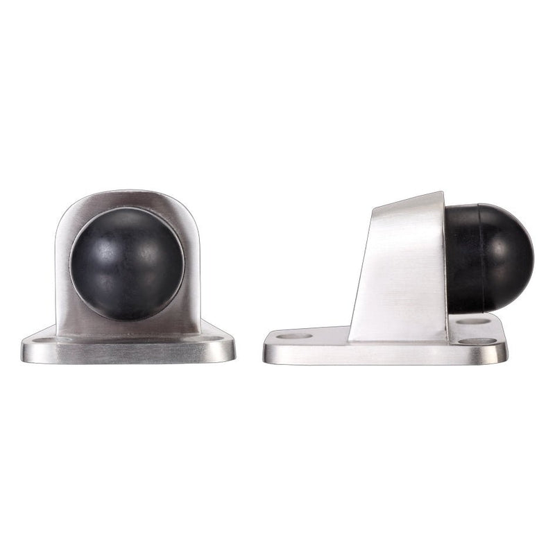 Zoo Hardware Floor Mounted Door Stop in a heavy-duty design, featuring a stainless steel base with three fixing points and a black rubber bumper for effective door padding.