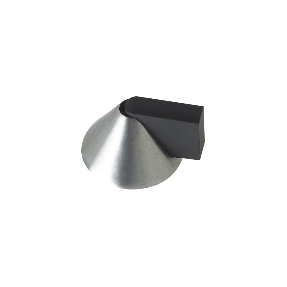 Zoo Hardware Door Stop Floor Mounted in cone shape, with a 38mm diameter base, featuring a stainless steel finish and a black rubber stop. This floor-mounted door stop is designed to prevent doors from swinging too far open.