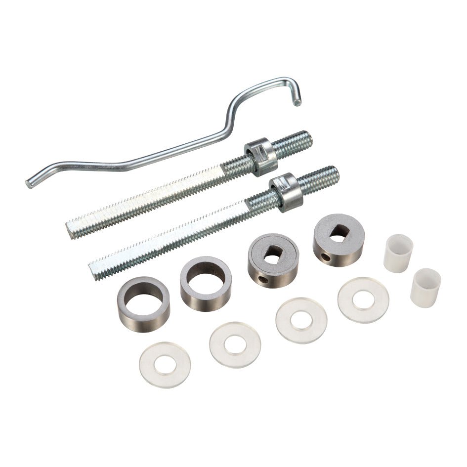 Zoo Hardware 19mm Back to Back Fixing Pack suitable for SS201 and SS304 pull handles, containing two threaded rods, various washers, and spacers in stainless steel and plastic material.