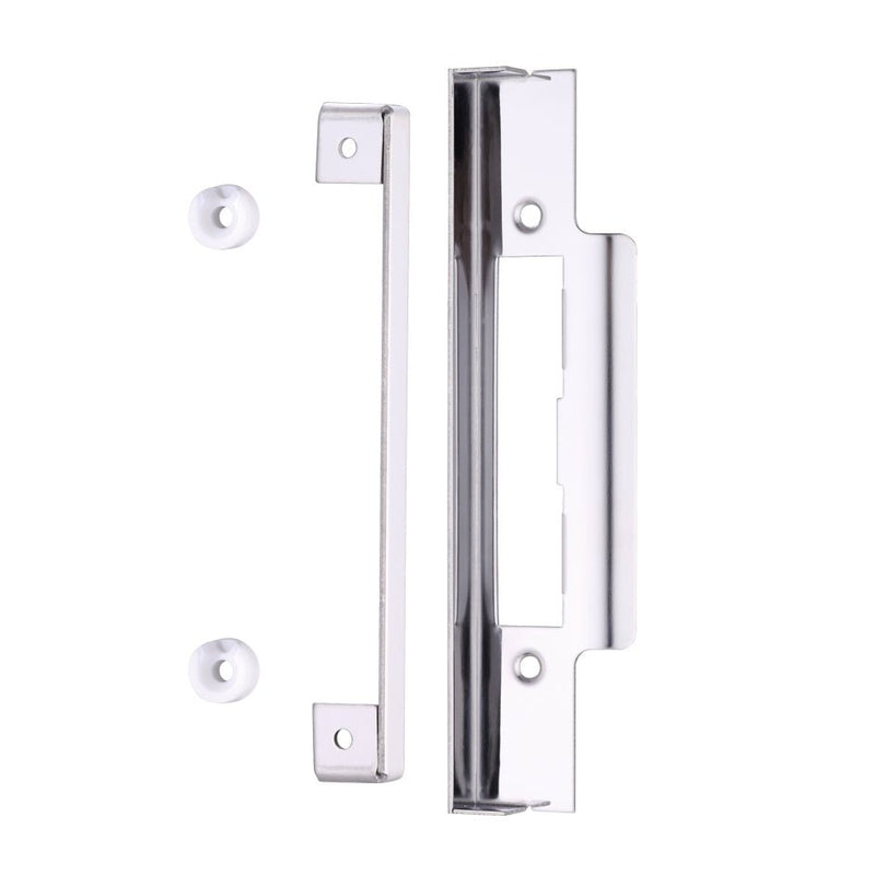 Zoo Hardware Rebate Kit to suit Contract Sash/Bathroom Lock in a shiny chrome finish, featuring a rectangular plate and matching guide rails, designed for securing sash locks.
