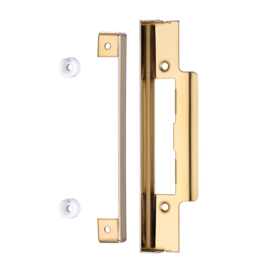 Zoo Hardware Rebate Kit to suit Contract Sash/Bathroom Lock in gold finish, featuring a rectangular plate and a straight edge, accompanied by two white plastic mounting accessories.