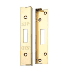 Zoo Hardware Rebate Kit for BS 5 Lever Deadlocks (67mm and 80mm) in polished brass finish, featuring two rectangular plates with visible screw holes and cutouts for deadlock mechanisms.