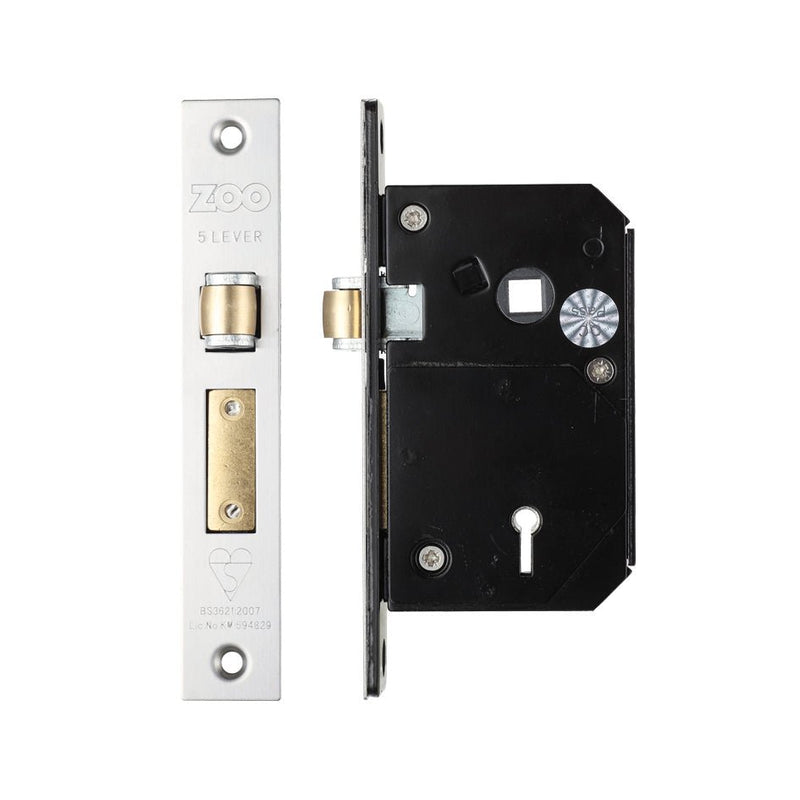 Zoo Hardware BS3621 5-Lever Sashlock in polished brass finish, measuring 67mm, designed for use in Chubb 3K74 retrofit installations. The lock features a sleek silver faceplate and a robust black back casing.