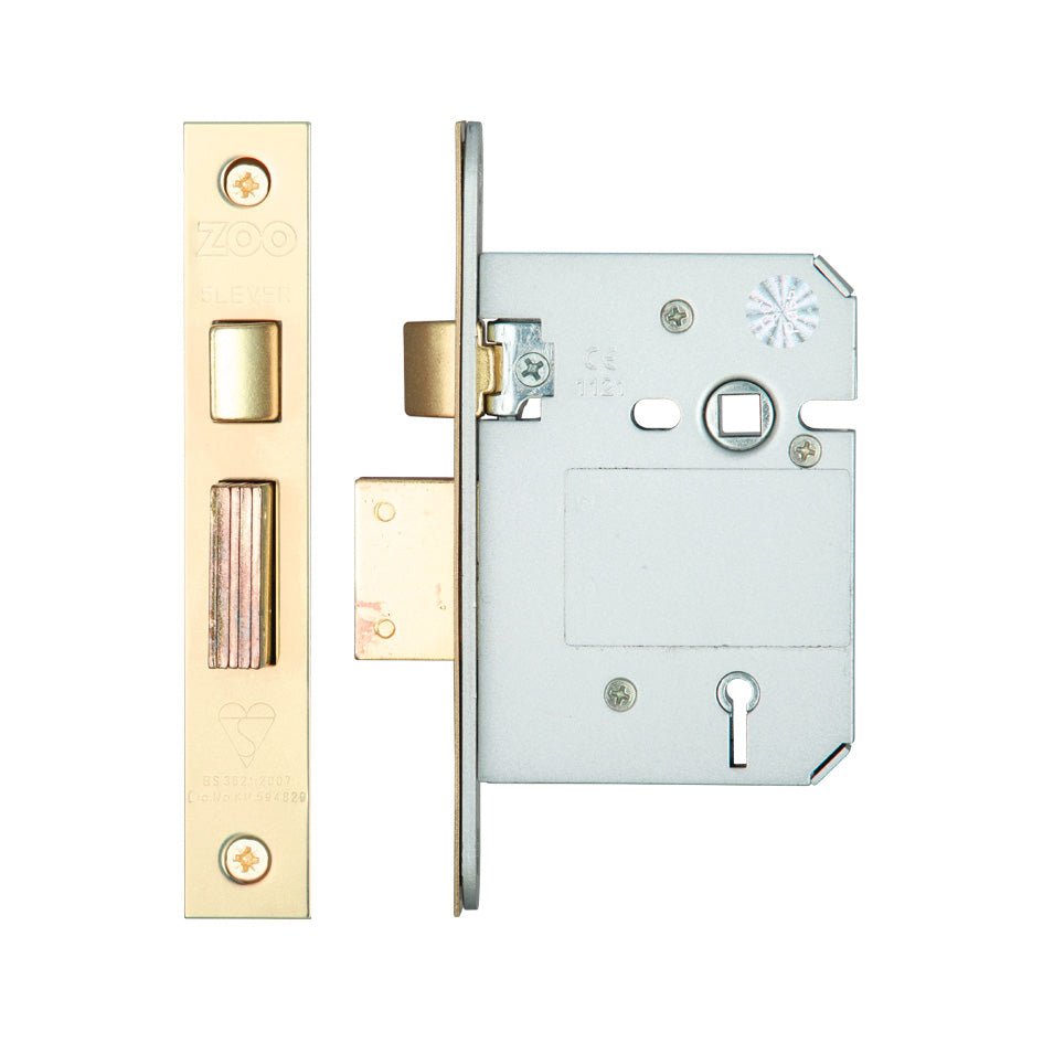 Zoo Hardware British Standard 5 Lever Sashlock in a brass finish measuring 76mm, featuring a solid steel bolt mechanism and a rectangular faceplate.