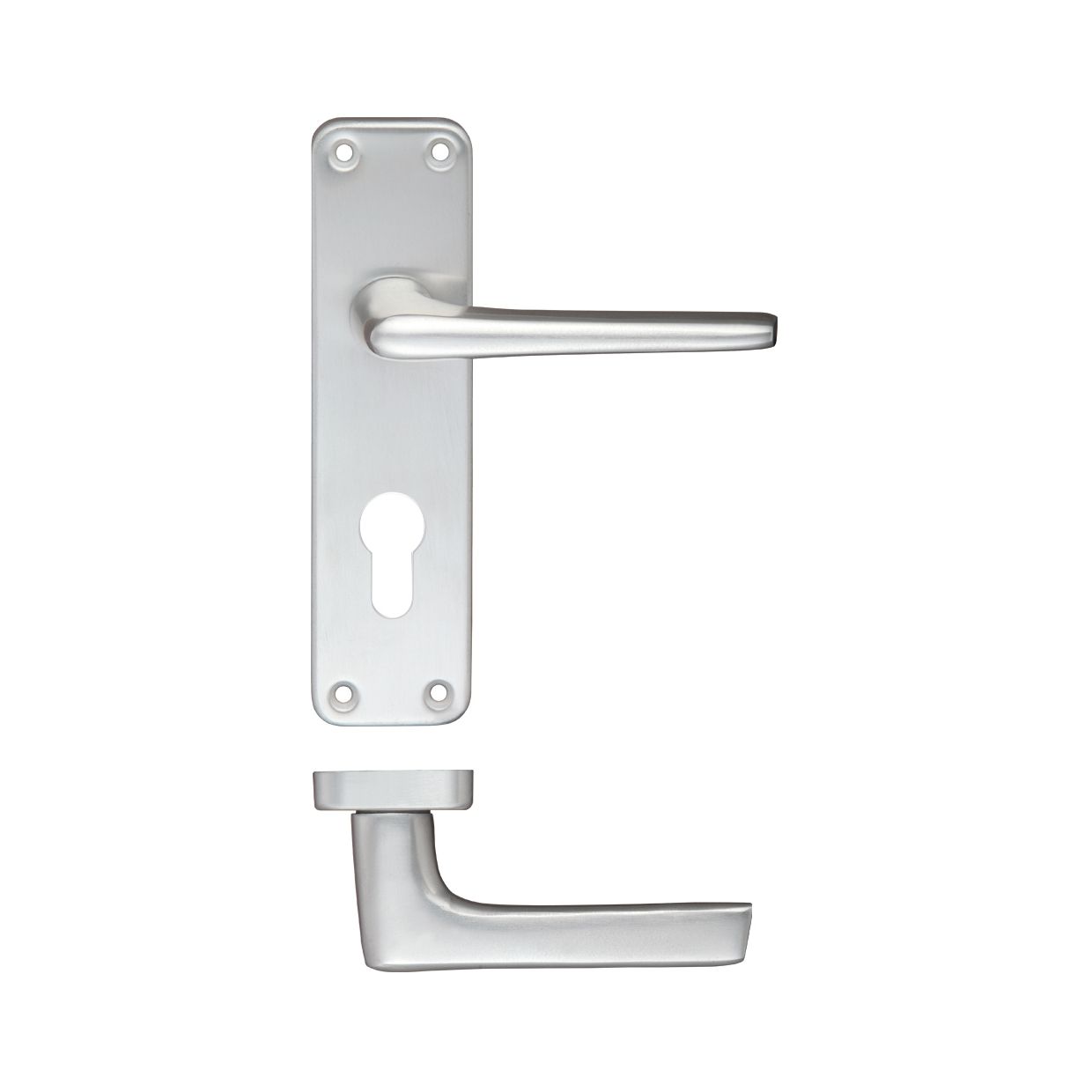 Zoo Hardware Contract Aluminium Lever on Europrofile Backplate featuring a sleek, silver finish, designed with a simple lever handle on a rectangular backplate, suitable for various door types.