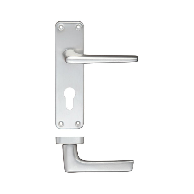 Zoo Hardware Contract Aluminium Lever on Europrofile Backplate featuring a sleek, silver finish, designed with a simple lever handle on a rectangular backplate, suitable for various door types.
