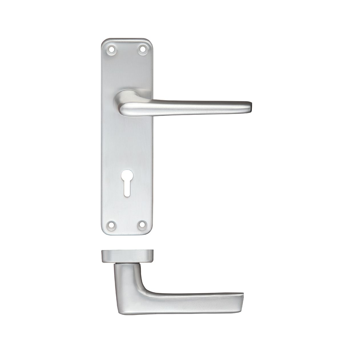 Zoo Hardware Contract Aluminium Lever on Lock Backplate in silver finish, featuring a curved lever design and a rectangular backplate with a keyhole and mounting holes.