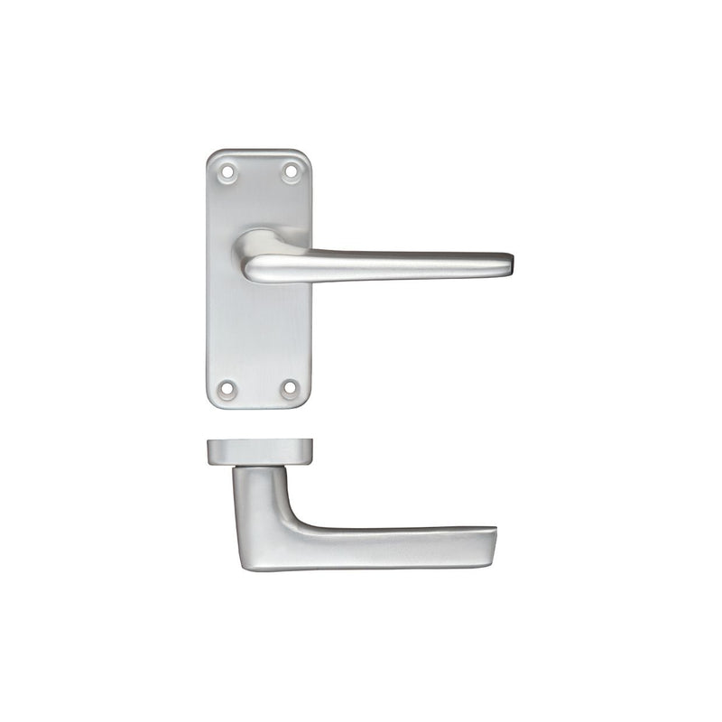 Zoo Hardware Contract Aluminium Lever on Latch Backplate in a polished aluminum finish, featuring a sleek lever design mounted on a rectangular backplate with visible screw holes.