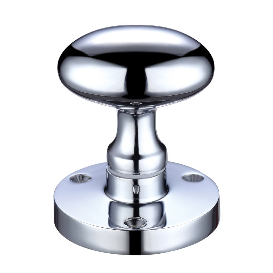 Zoo Hardware Oval Mortice Knob with a 60.5mm rose diameter, featuring a polished chrome finish and a simple rounded design. The knob is mounted on a round base with two visible screw holes.