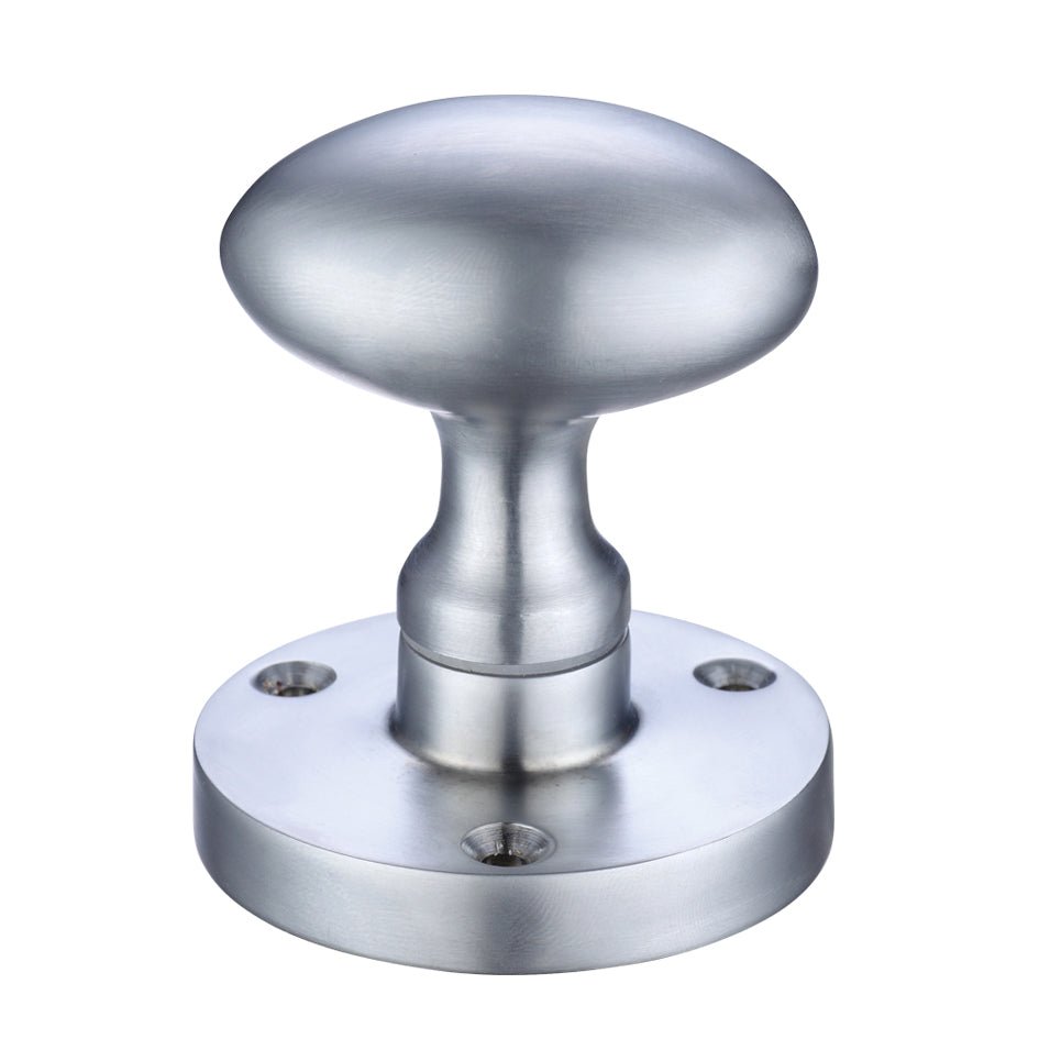 Zoo Hardware Oval Mortice Knob with a 60.5mm rose diameter, featuring a sleek brushed stainless steel finish and a rounded design. The knob is mounted on a circular base with three visible screw holes.