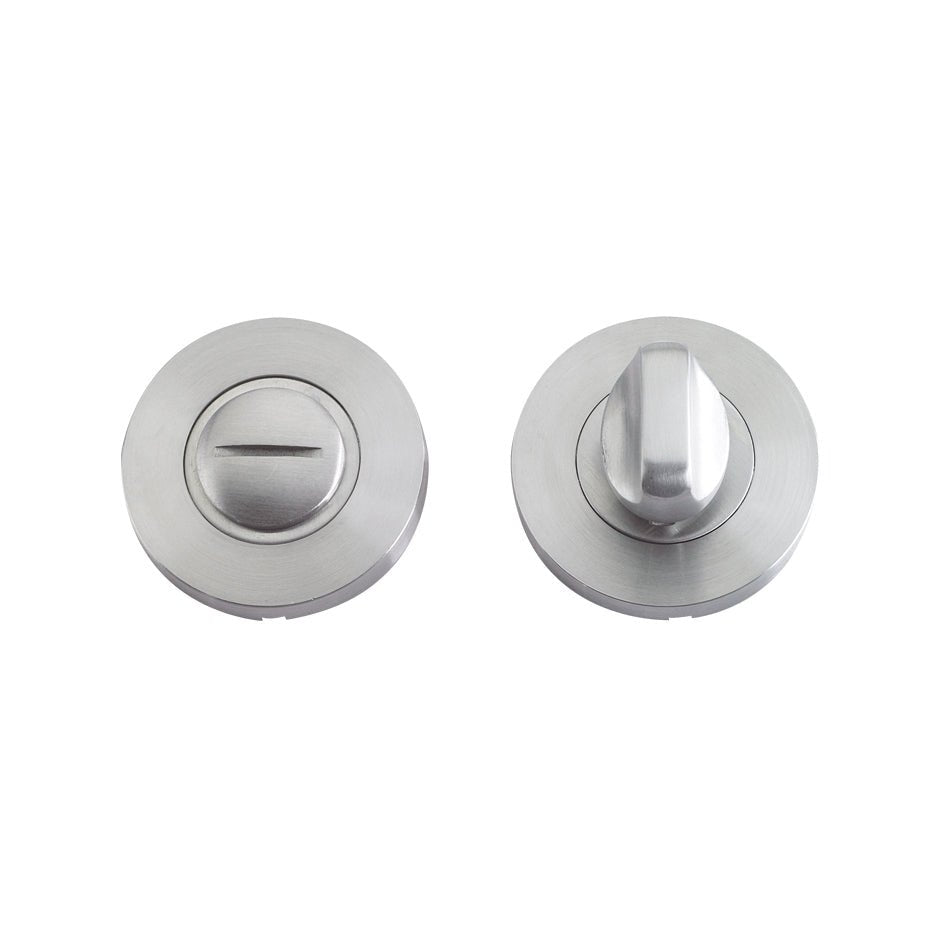 Zoo Hardware Turn and Release with Escutcheon in a 52mm rose design, made of Grade 304 stainless steel. The set includes a turn knob and a release button with a brushed finish.