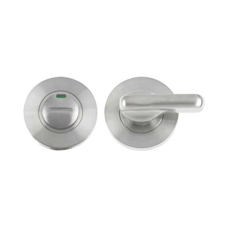 Zoo Hardware Disabled Turn and Release with Indicator, complete with escutcheons and 5mm spindle, featuring a brushed stainless steel finish and a round design for both the turn and release mechanisms.