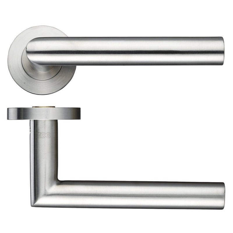 Zoo Hardware 19mm Mitred Lever on Round Rose in Grade 304 stainless steel, featuring a sleek, modern design with a cylindrical rose and a mitred lever handle.