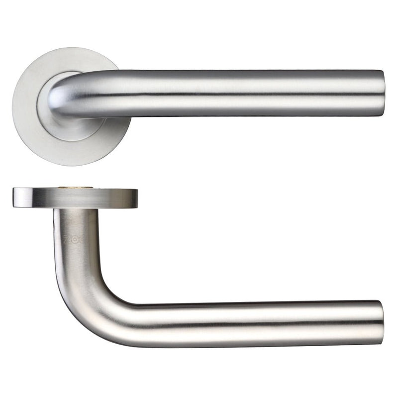 Zoo Hardware 19mm Radius Lever - Push On Rose in a brushed stainless steel finish, featuring a modern design with smooth curved handles and round plates for easy installation.