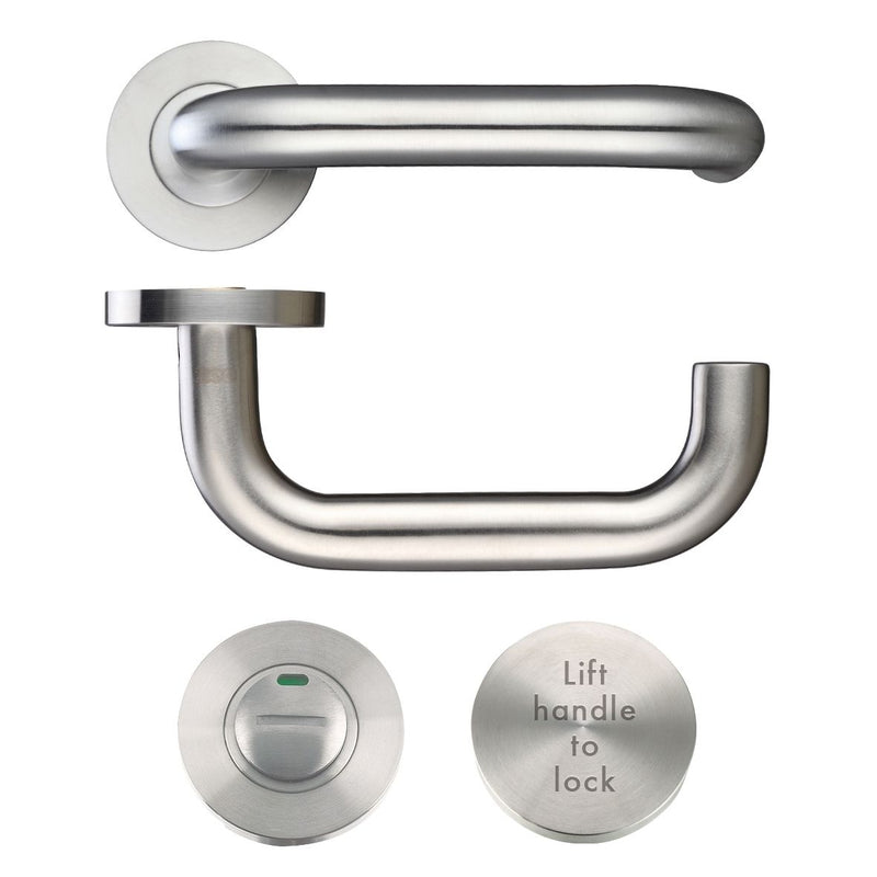 Zoo Hardware 19mm Lift to Lock Tubular Return to Door Lever Set with Push On Rose in brushed stainless steel, featuring a sleek tubular design and a round lock mechanism with instructions to