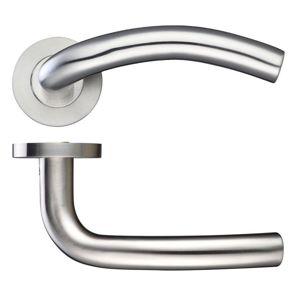 Zoo Hardware 19mm Arched Lever - Push On Rose in polished stainless steel finish, featuring a 52mm diameter rose, made of Grade 304 stainless steel for durability and corrosion resistance.