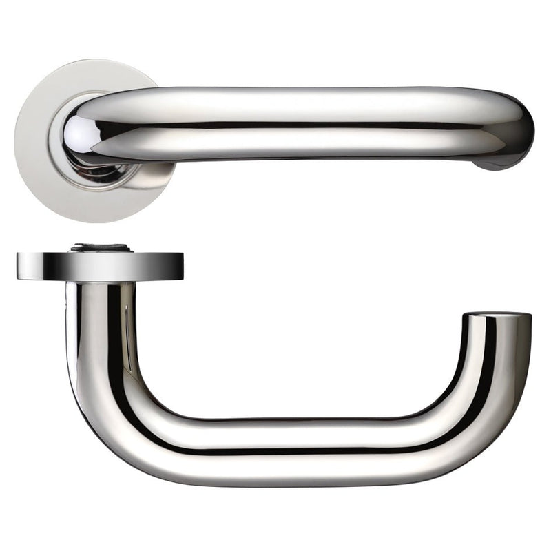 Zoo Hardware 22mm Return to Door Lever on Round Rose in polished chrome finish, featuring a sleek curved design with a round backplate and a U-shaped lever, suitable for various interior doors.